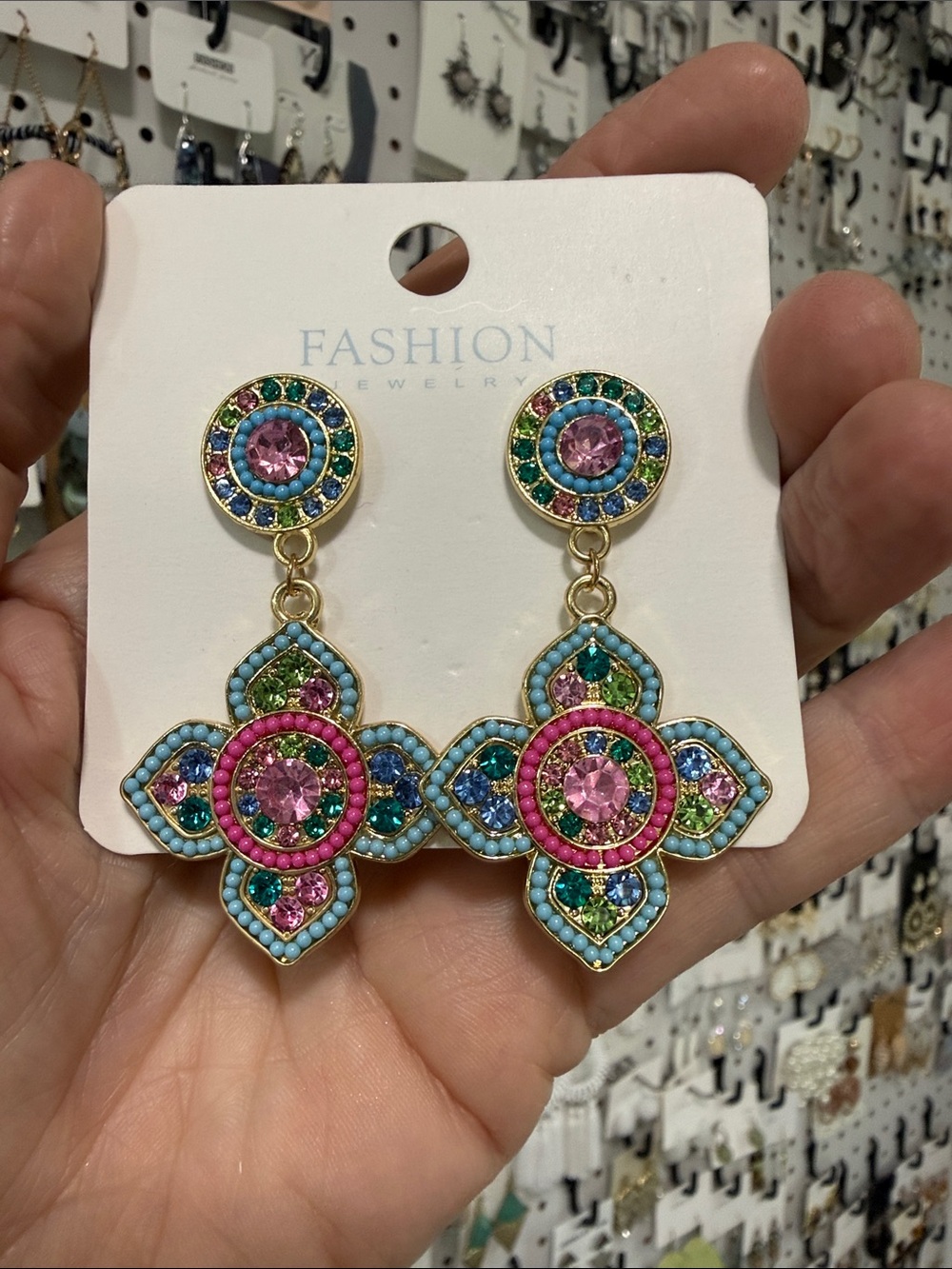 Multicolor Crystal Floral Drop Earrings in Pink, Teal & Blue